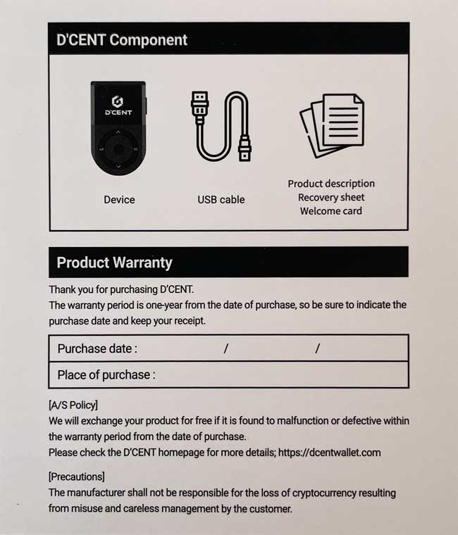 D'Cent Hardware-Wallet beiligende Karte Component