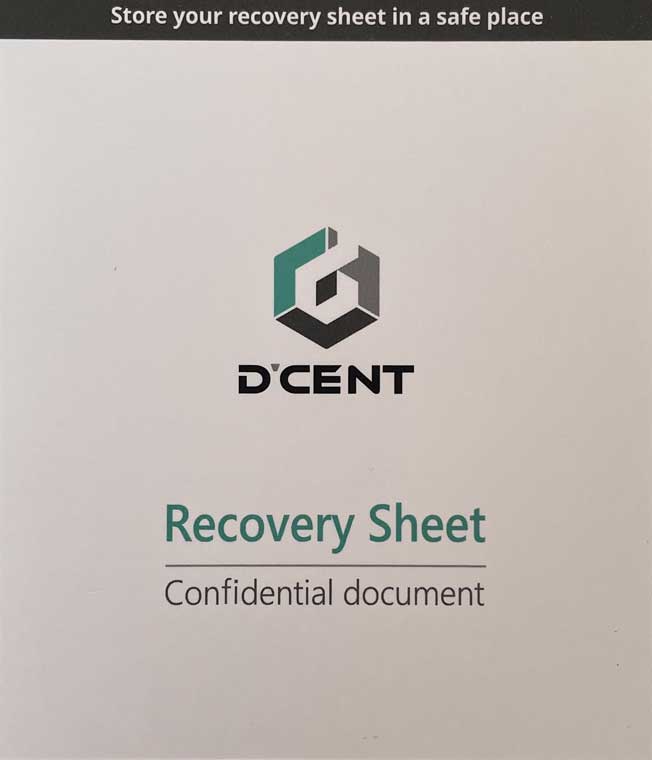 D'Cent Hardware-Wallet beiligende Karte Recovery Sheet