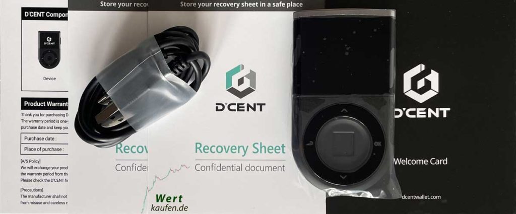 D'Cent Hardware-Wallet mit Inhalt und Kabel