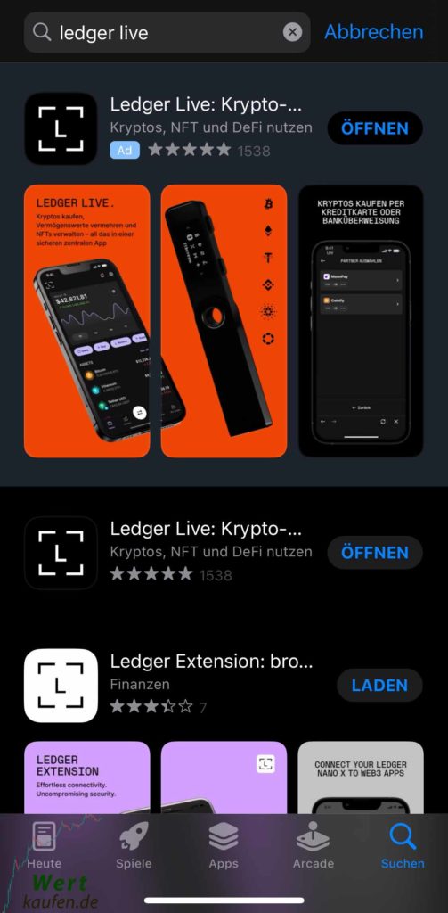 Bitcoin sicher kaufen am Handy mit dem Ledger - Ledger Live App am Handy kann geöffnet werden