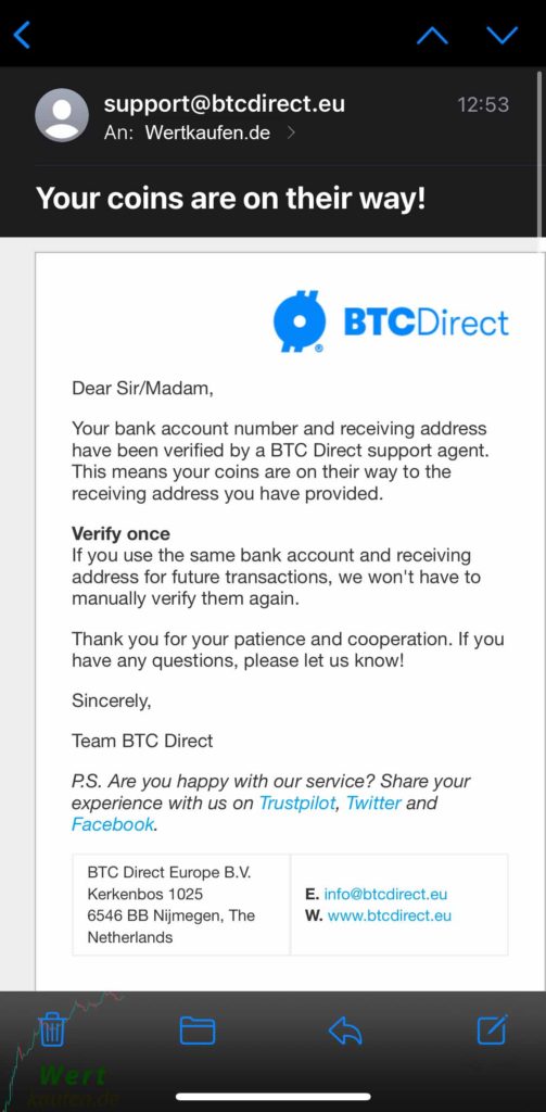 Bitcoin sicher kaufen am Handy mit dem Ledger - Email von BTCDirect